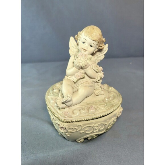 Cherub Trinket Heart Box Bisque Angel w/ Roses Jewelry Valentine Carved Case - Picture 1 of 12